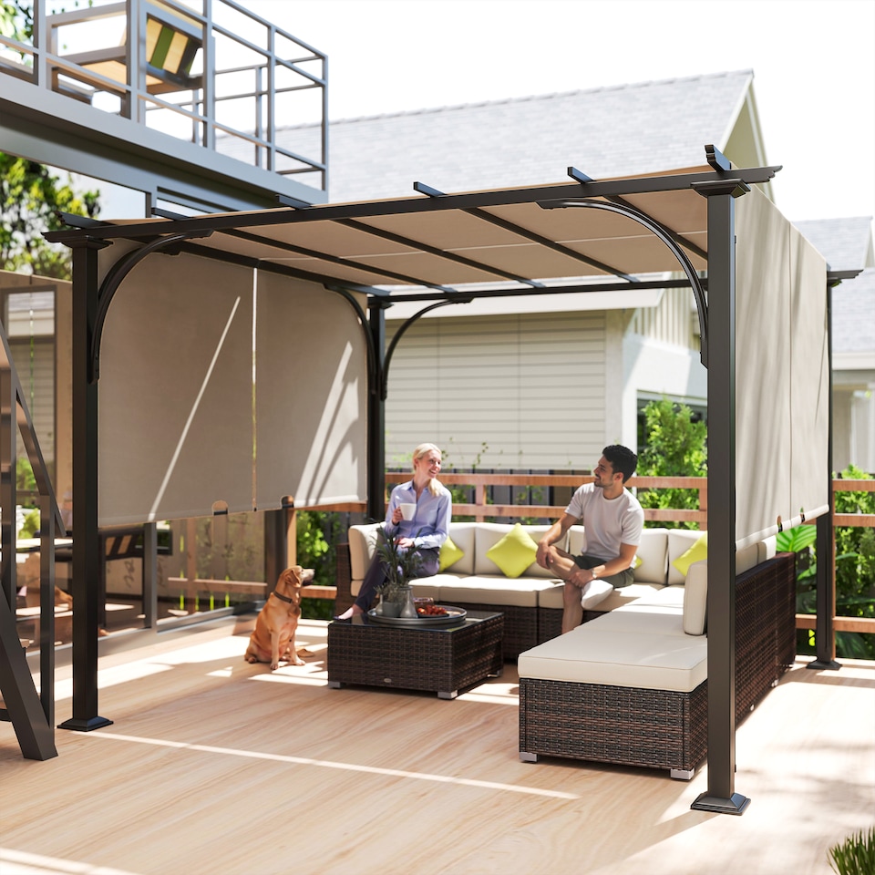 image 1 of Outsunny 3 x 3m Garden Pergola, Outdoor Pergola Gazebo with Adjustable Canopy, Sun Shade Patio Canopy Shelter, Beige