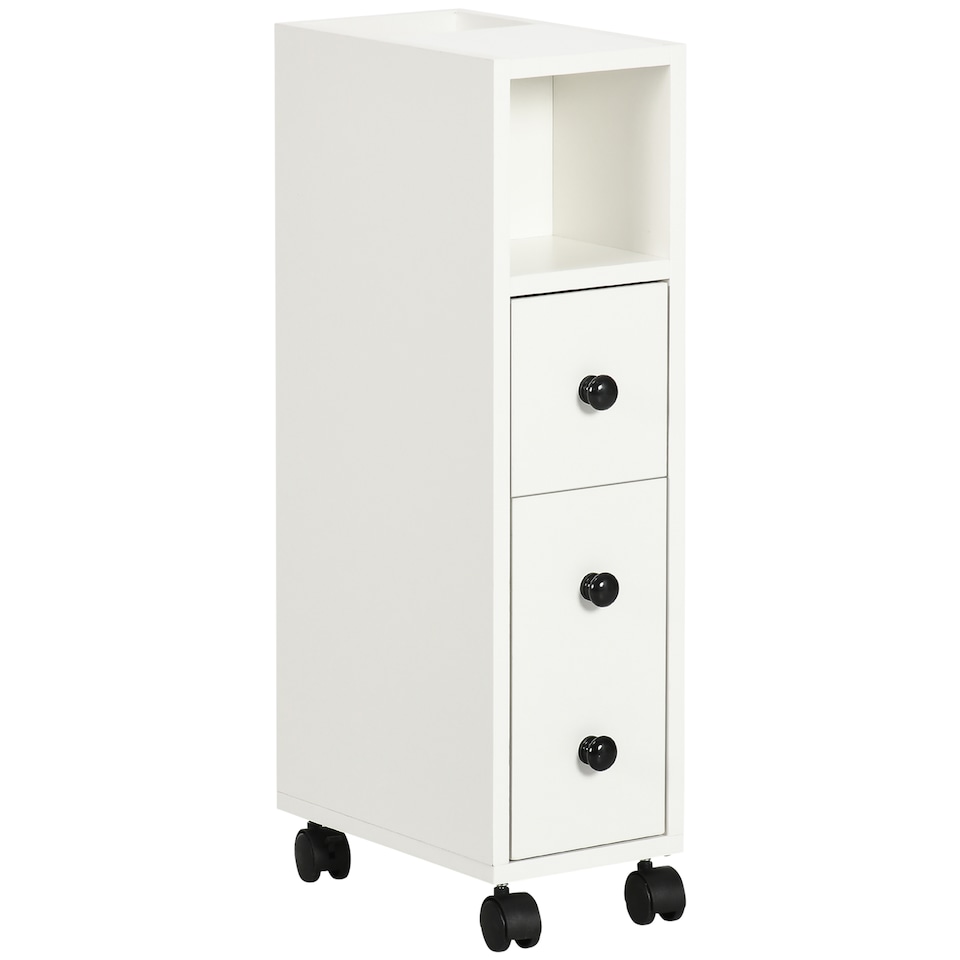 image 1 of kleankin Slimline Bathroom Storage Unit w 2 Drawers 2 Open Compartments Wheels Handles Freestanding Compact Home Office Furniture White