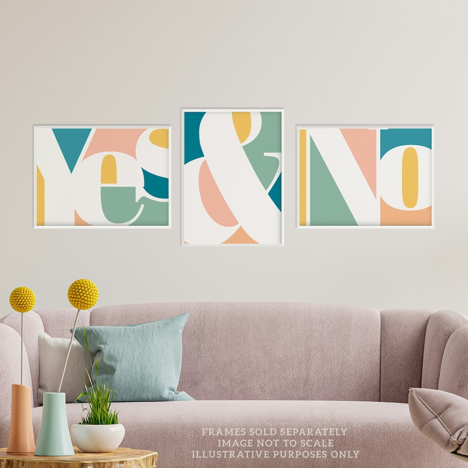 image 1 of Set of 3 Symbol Words Yes No Pastel Colour Modern Home Decor Wall Art Prints 12x16 Inch