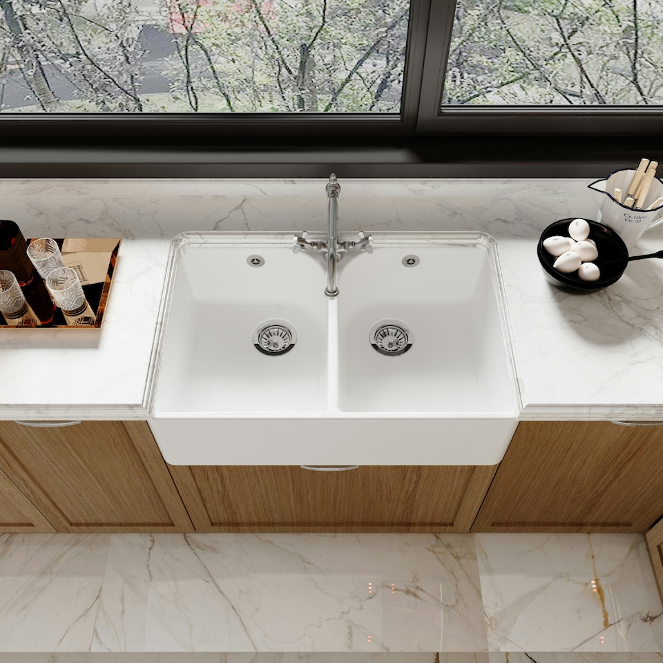 image 1 of 795mm - Double Bowl Fireclay Butler Kitchen Sink -  Tap Hole, Weir & Waste