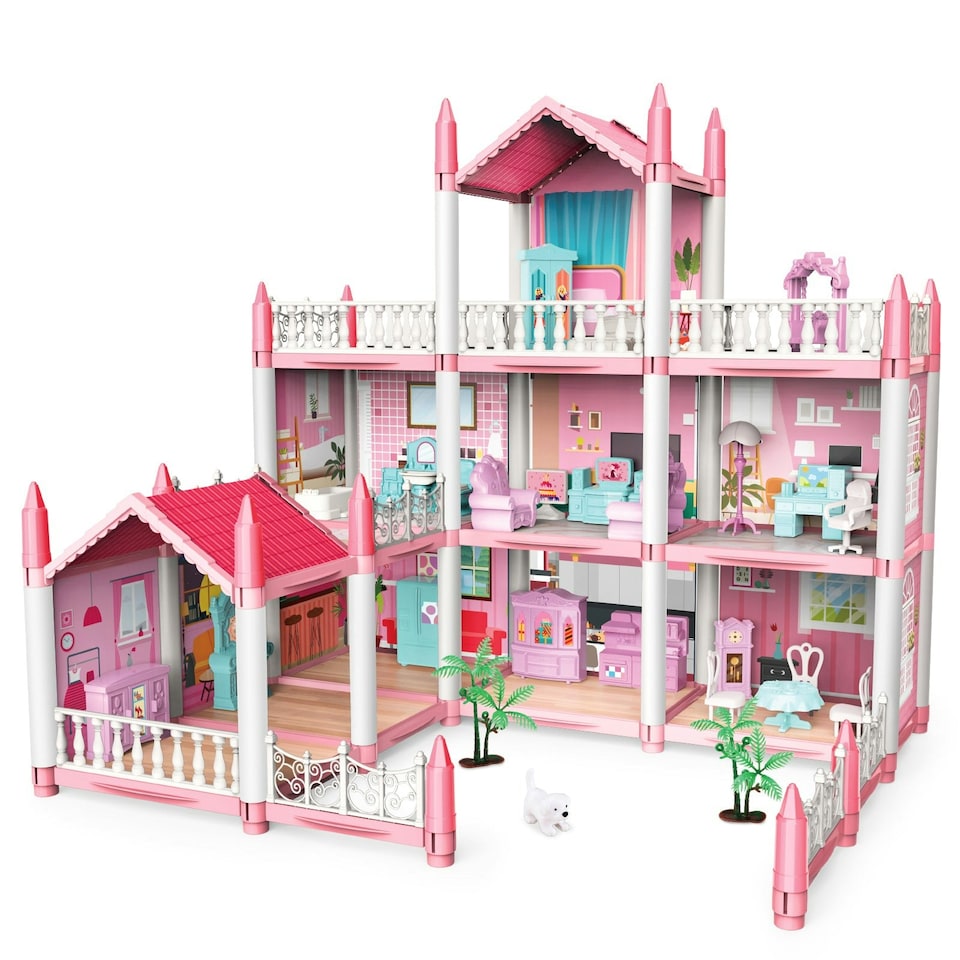 image 1 of DIY Kids Pink Grand Three-Story Dolls House Playset with Furniture and Accessories