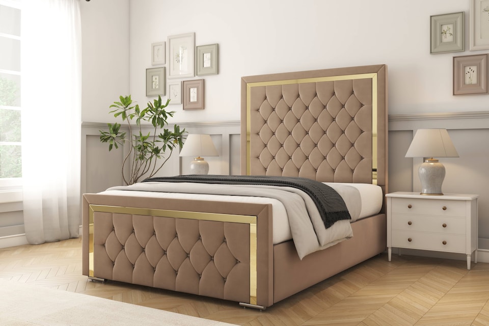image 1 of Sloomy Sofia Gold Mink Plush Bed Frame With Mattress With 50" Upholstered Headboard 4'6 Double