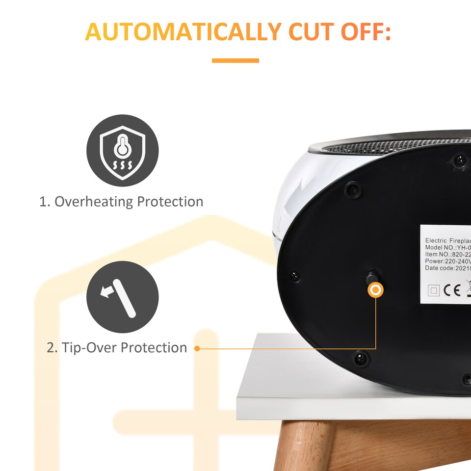 image 1 of HOMCOM Freestanding Electric Fireplace Indoor Space Table Top Heater with Realistic Flame Effect, Rotatable Head, Overheating Protection, 1500W, White