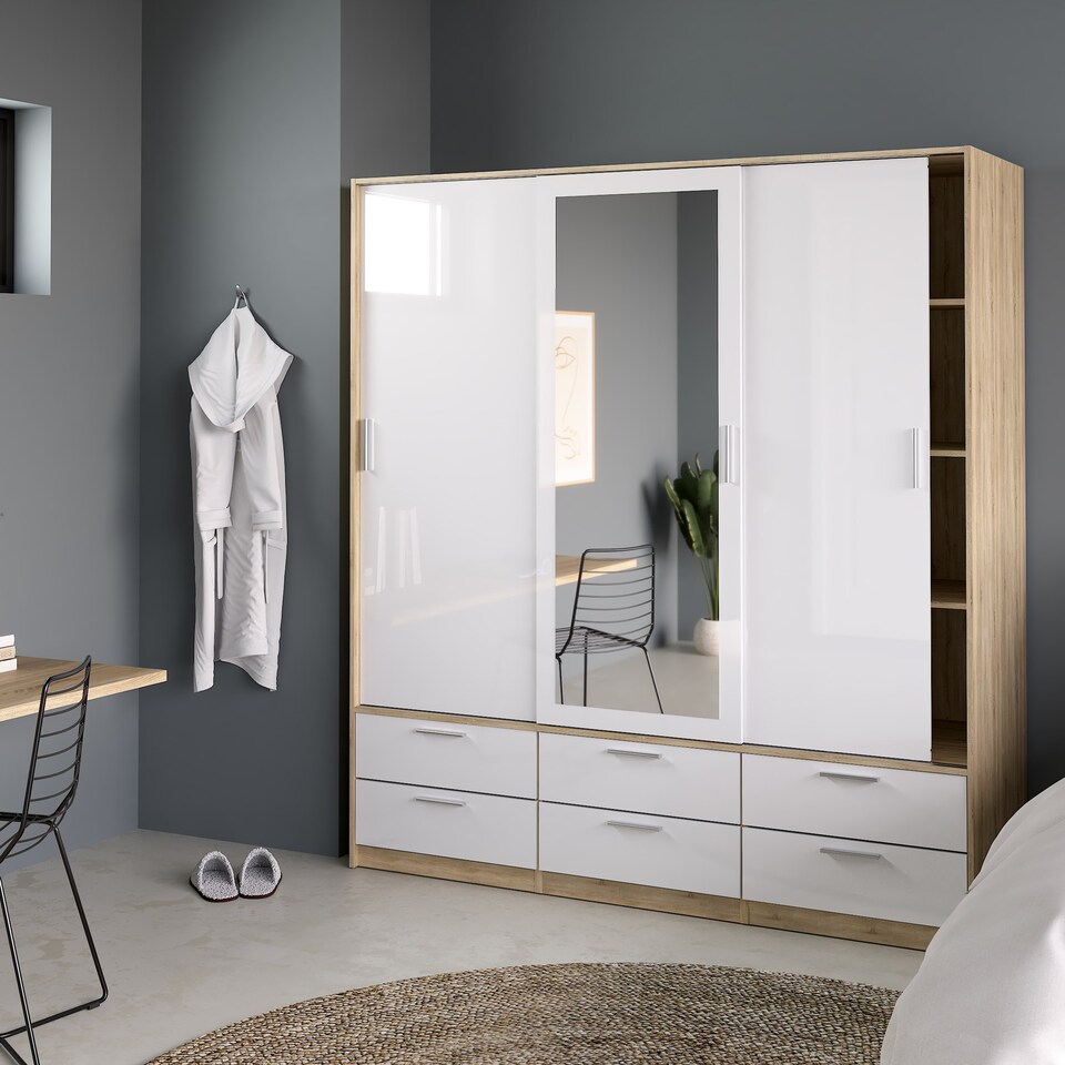 image 1 of Line Wardrobe 3 Doors 6 Drawers in Oak with White High Gloss