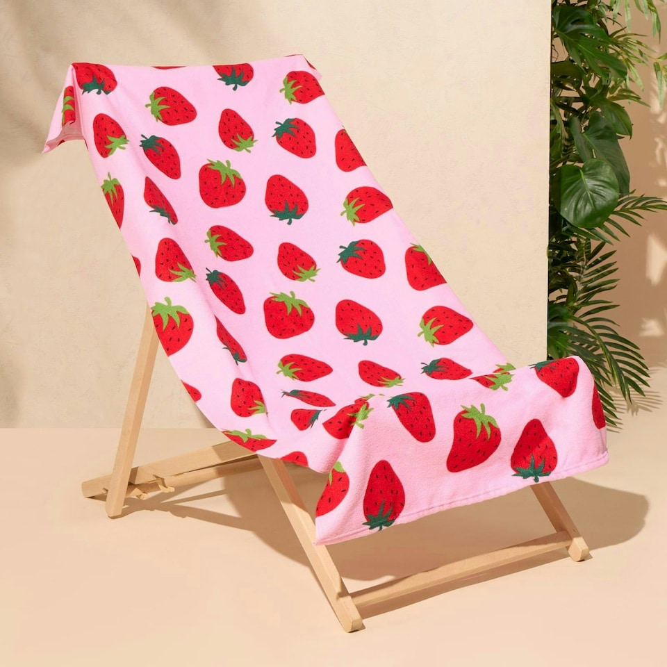image 1 of OHS Strawberry Print Microfibre Absorbent Holiday Beach Bath Towel, 71x152cm - Pink