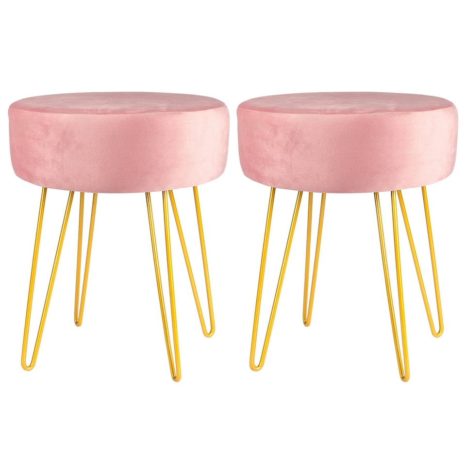 image 1 of Harbour Housewares Set Of 2 Pink Velvet Footstools Round Ottoman Seating With Gold Base For Home Decor Pink