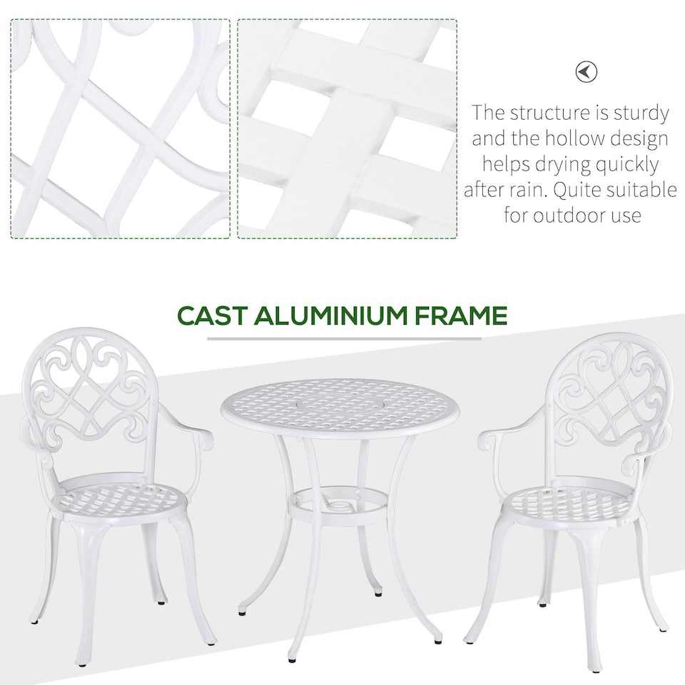 image 1 of Outsunny 3PCs Garden Bistro Set Cast Aluminium Round Table with 2 Chairs White