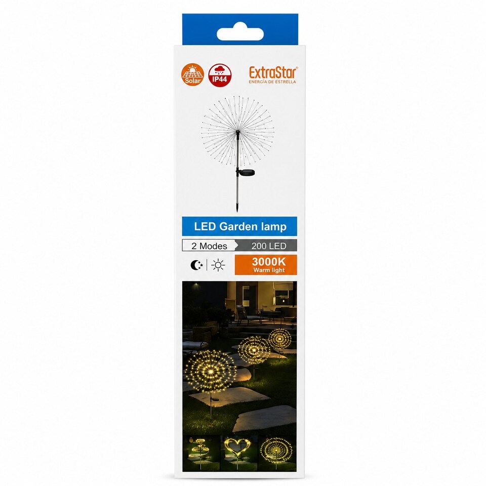 image 1 of Solar LED Garden Stake Light 200 LEDs Warm White 3000K Adjustable Waterproof IP44 Outdoor Lamp