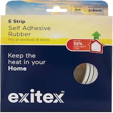 Exitex Self Adhesive E Strip Seal 5m Draught Proofing Rubber, Seals Gaps 2mm to 4mm | White