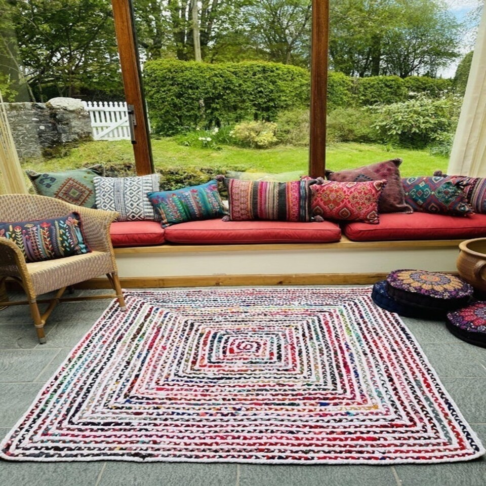 image 1 of CARNIVAL White Cotton Square Rug Braided with Multi Colours (CARNIVAL120X120) Multi