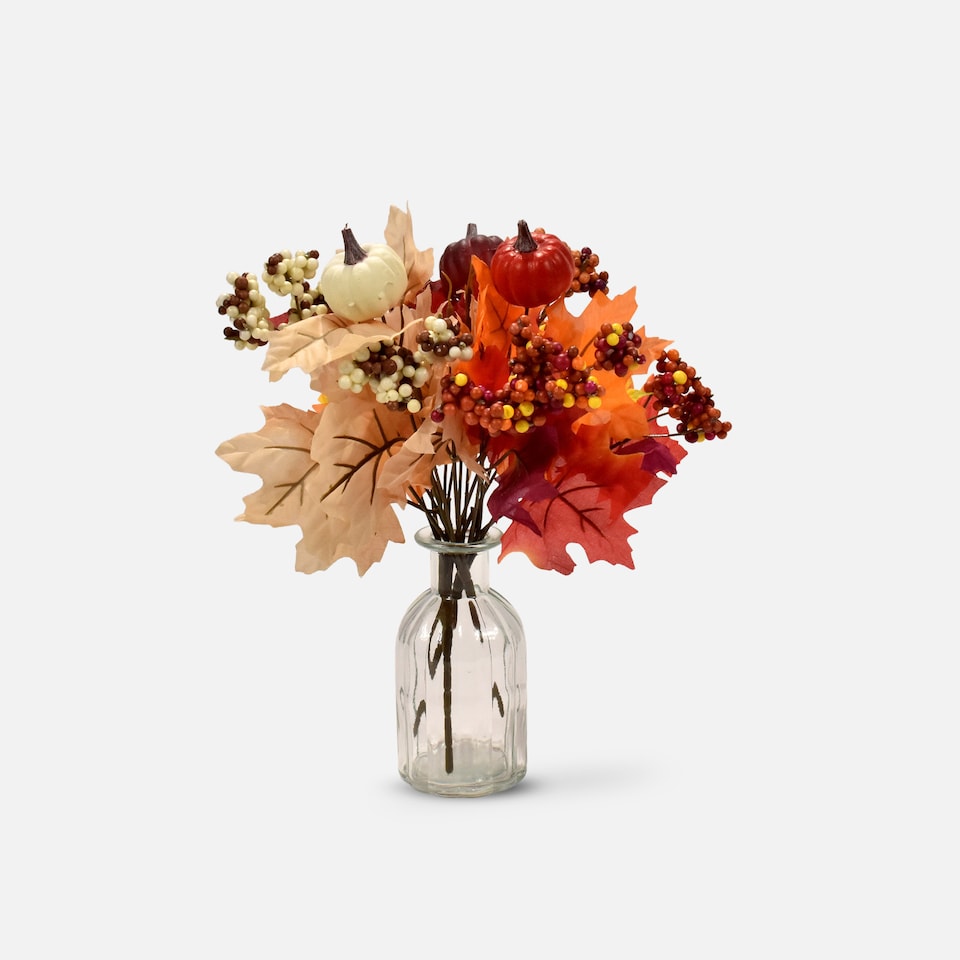 image 1 of Homescapes Set of 3 Artificial Autumn Bouquet Bushes - Maple Leaves, Berries, Pumpkin