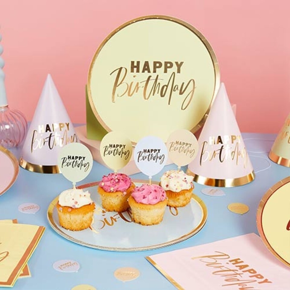 image 1 of Assorted Pastel Colour with Gold Foil Happy Birthday Round Paper Plates 23cm - Pack of 8 Gold