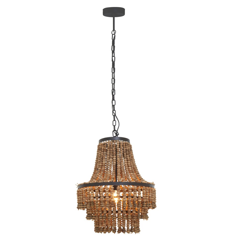 image 1 of Interiors by Premier Rustic Wood Chandelier with Black Iron Frame, Handcrafted Three-Tier Pendant Light, Organic Hanging Light Brown