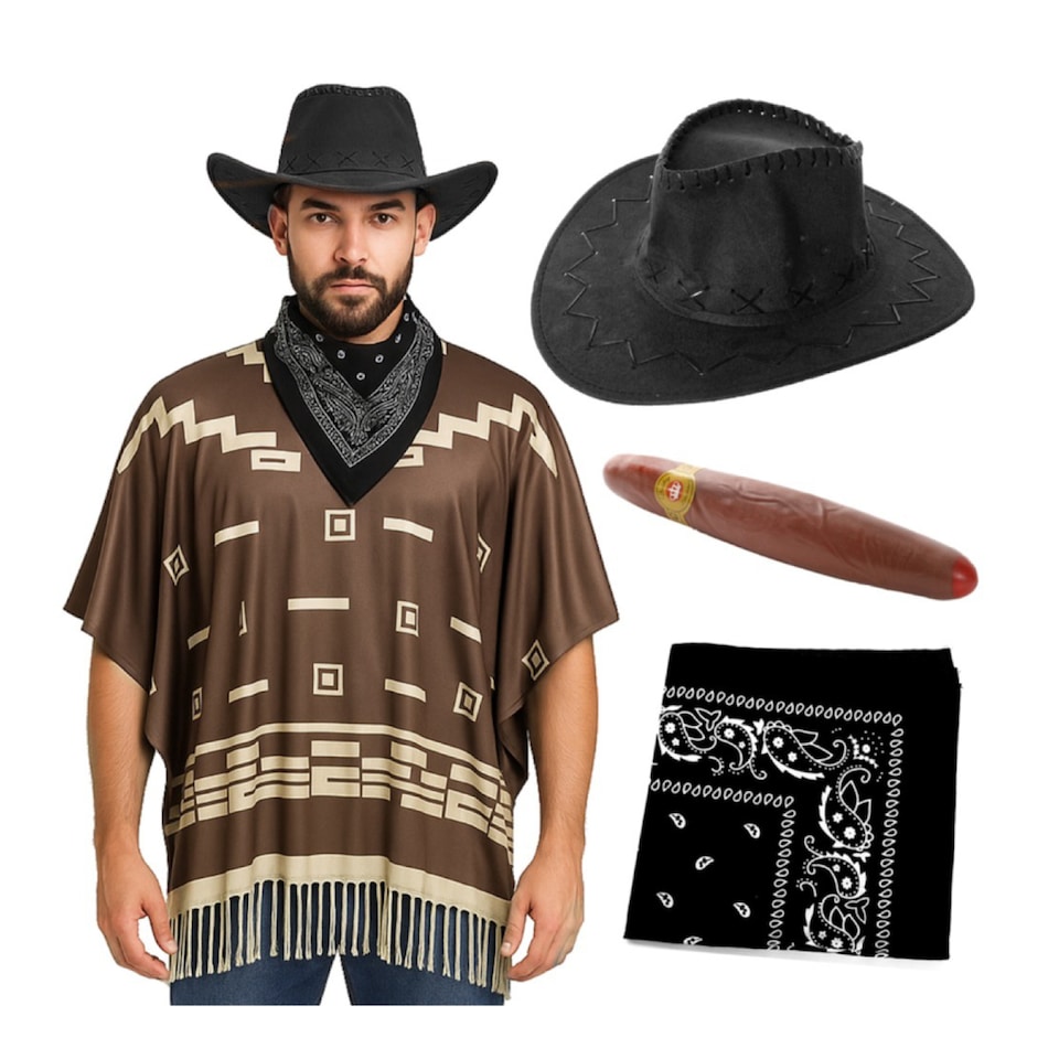 image 1 of Wild Western Costume 4 Pcs with Black Suede Cowboy Hat | Multi | One Size