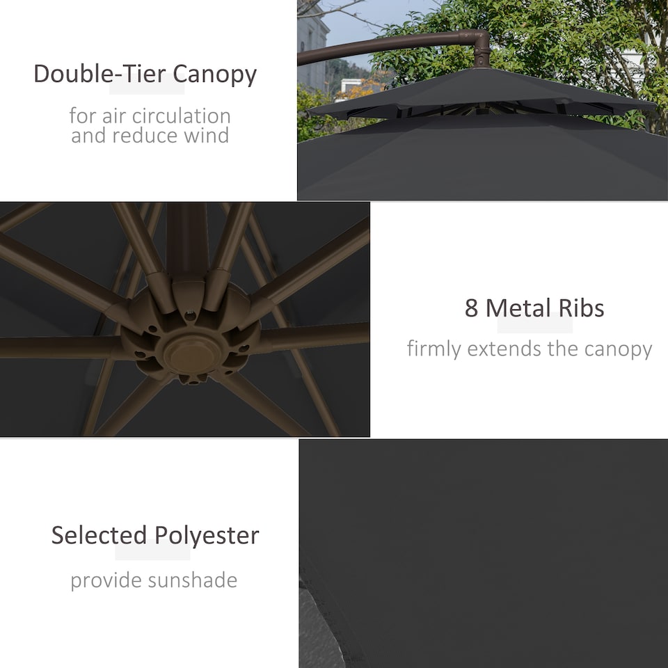 image 1 of Outsunny 2.7m Garden Banana Parasol Cantilever Umbrella with Crank Handle, Double Tier Canopy and Cross Base for Outdoor, Hanging Sun Shade, Black