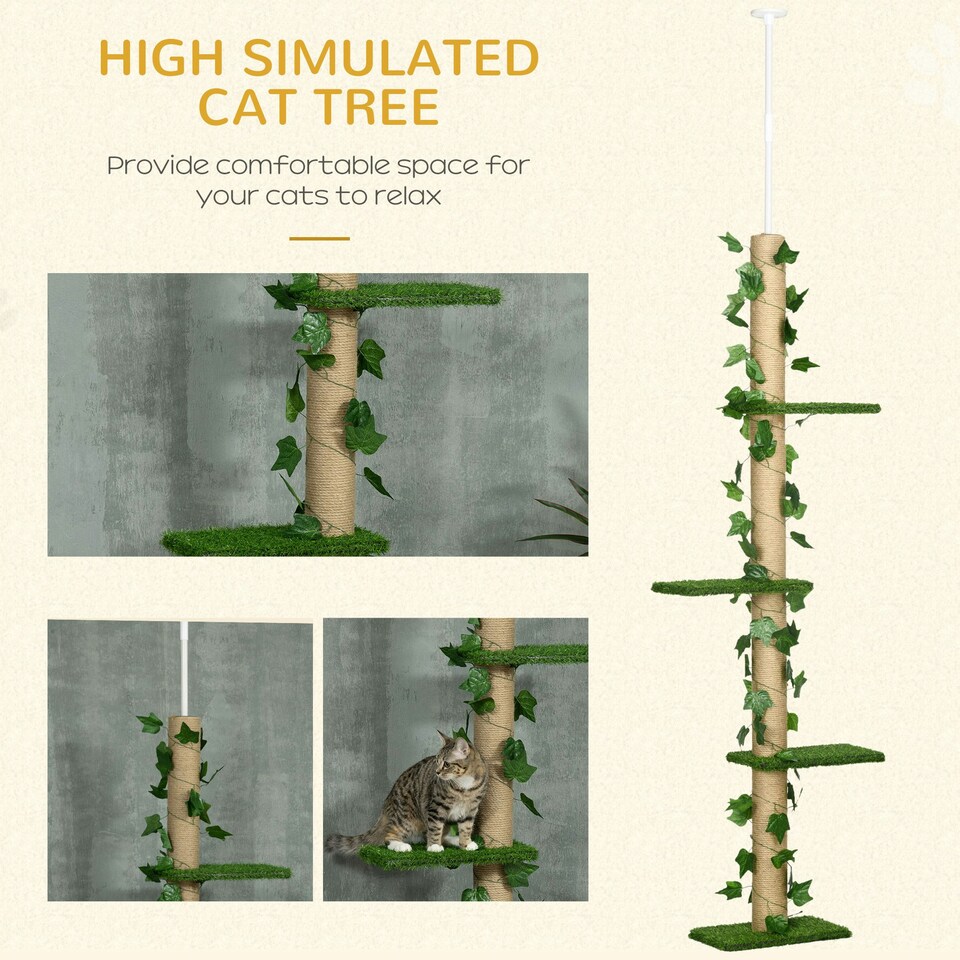 image 1 of PawHut 242cm Floor to Ceiling Cat Tree with Leaves Scratching Post, Green