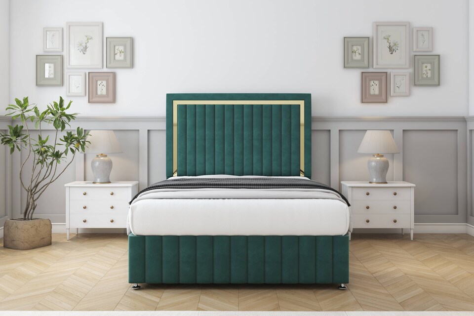 image 1 of Sloomy Boston Gold Emerald Plush Divan Bed Base 2 Drawers Foot-End With 54 Inch Floor Standing Headboard & 12 Inch Matching Footboard | Green | Emerald | Super King | 1