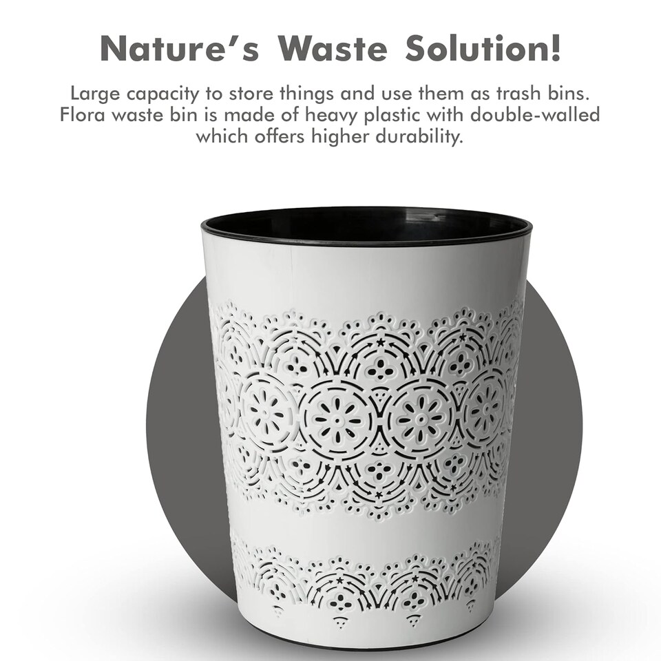 image 1 of Blue Canyon White Flora 9L Waste Bin Stylish Plastic Rubbish Container for Office Kitchen Bathroom and Home Use