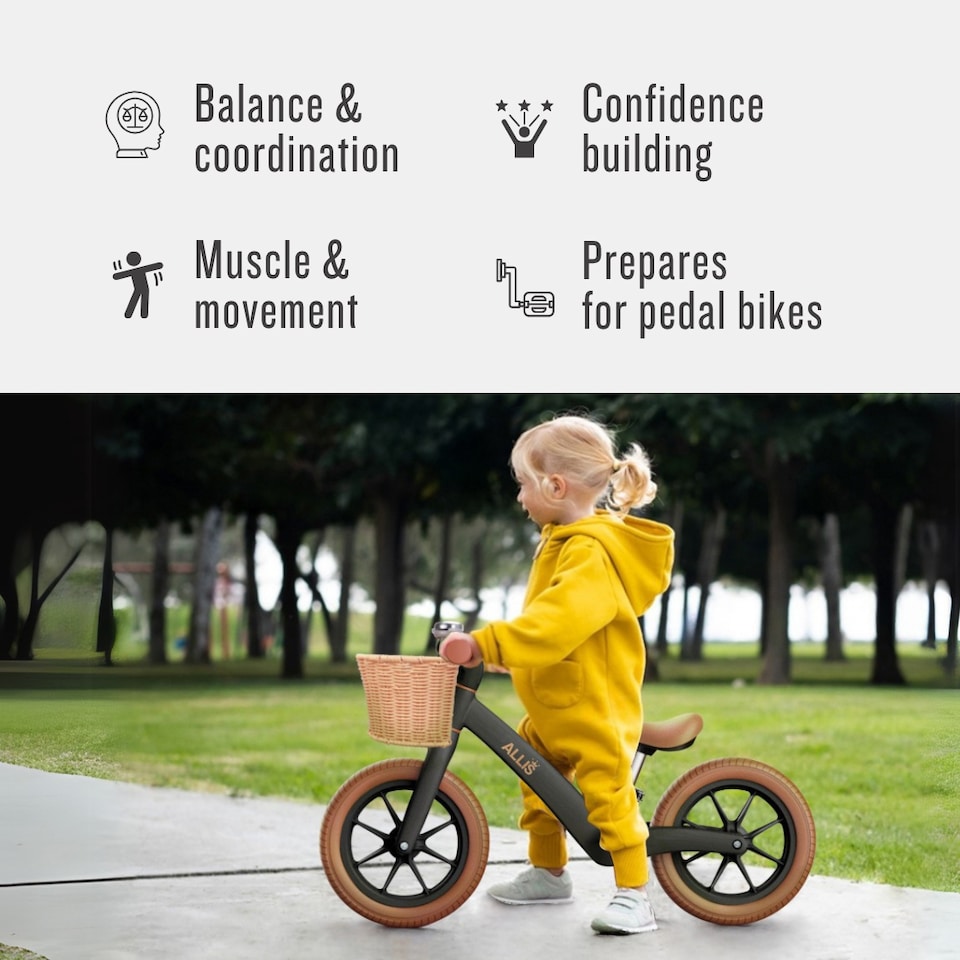 image 1 of Allis Lumi Balance Bike for 2 Year Olds with Basket & Bell - Black | Black | 12" Balance Bike | 1