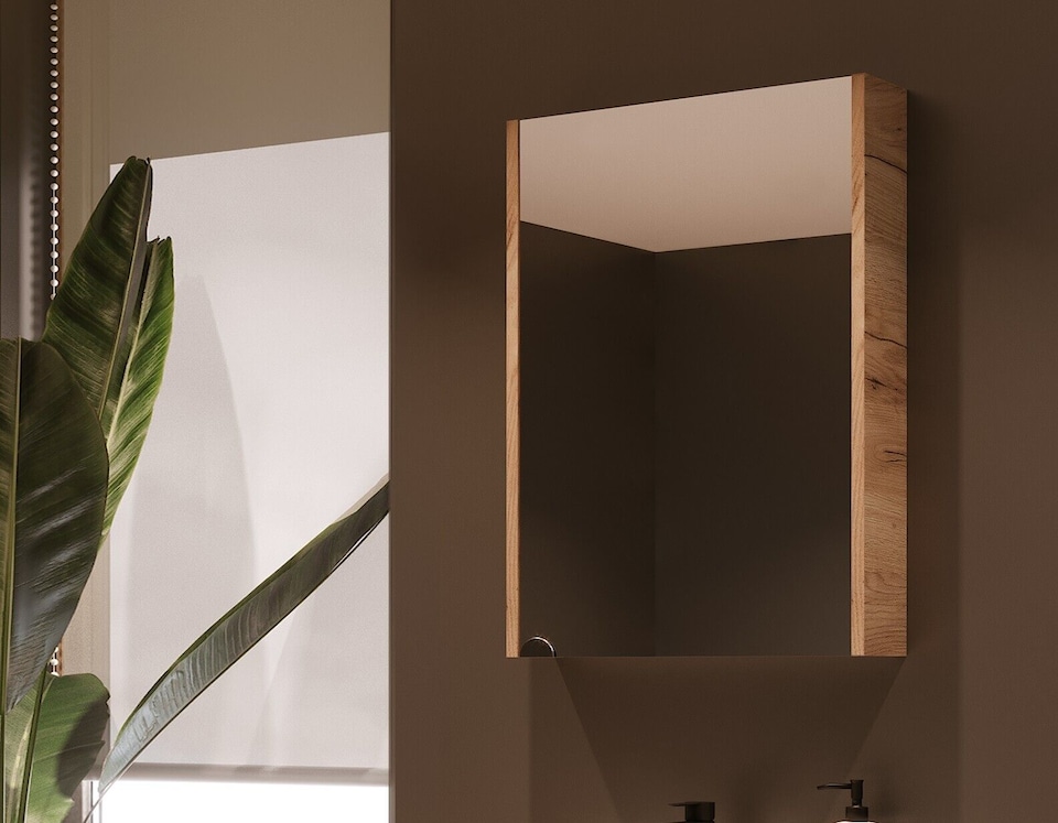 image 1 of Mirror Bathroom Cabinet Mirrored Wall Unit 500mm Slimline Narrow Storage Craft Oak Finish Glass Shelves Avir