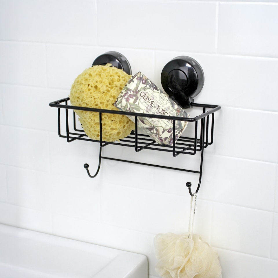 image 1 of Showerdrape Suctionloc Black Suction Wall Mounted Sponge Basket with Mounting Discs | Black | 1
