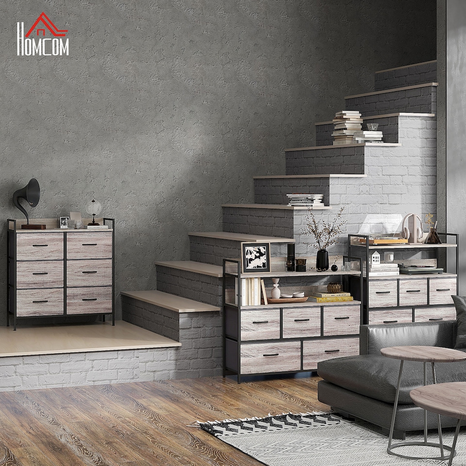 image 1 of HOMCOM Bedroom Chest of Drawers, Fabric Dresser with 6 Drawers, Storage Organiser Unit with Open Shelf and Metal Frame for Living Room, Entryway, Grey Wood Effect