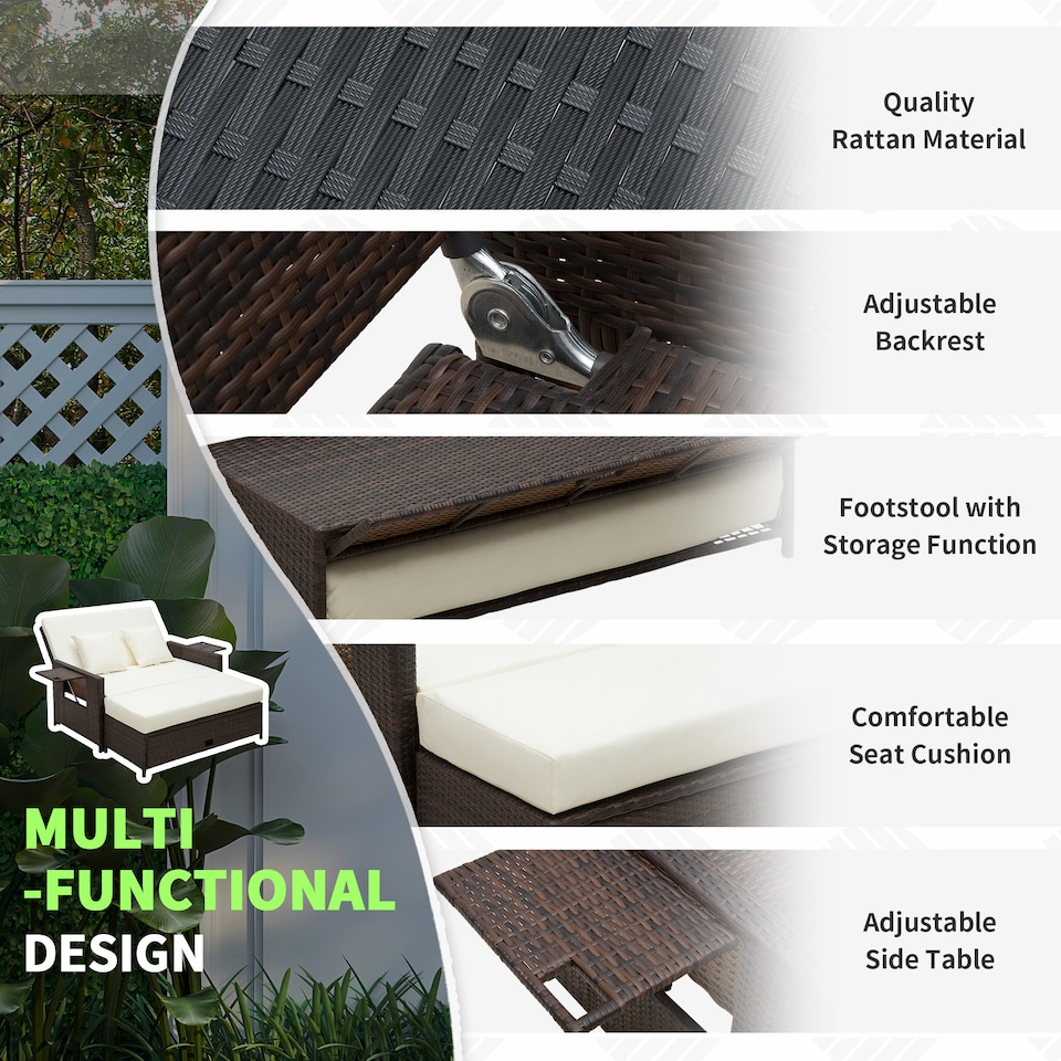 image 1 of Outsunny Rattan Garden Daybed, Assembled Double Sun Lounger with 5-Level Adjustable Back, Storage Ottoman, Cushions, Pillows and Retractable Trays, Outdoor Loveseat Sofa Bed for Patio, Brown