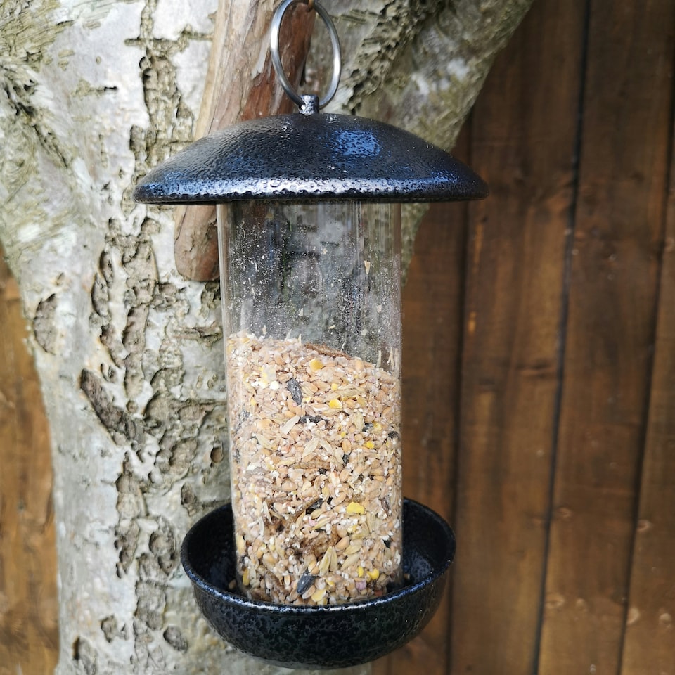 image 1 of Tom Chambers 2 Port Garden Wild Bird Hanging Hammered Steel Black and Silver Seed Feeder