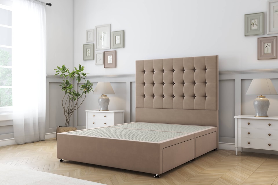 image 1 of Sloomy Alabama Mink Plush Divan Bed Base 2 Drawers Foot-End With 54 Inch Floor Standing Headboard | Brown | Mink | Double | 1