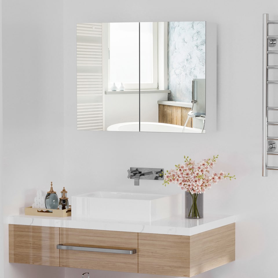 image 1 of HOMCOM Bathroom Mirror Cabinet Wall Mounted, Modern Bathroom Wall Cabinet with 2 Mirrored Doors and Adjustable Shelf, 80 x 15 x 60 cm, White