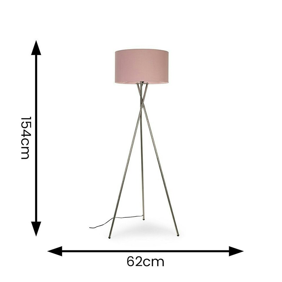 image 1 of ValueLights Camden Brushed Chrome Tripod Floor Lamp Pink Shade & Bulb Pink