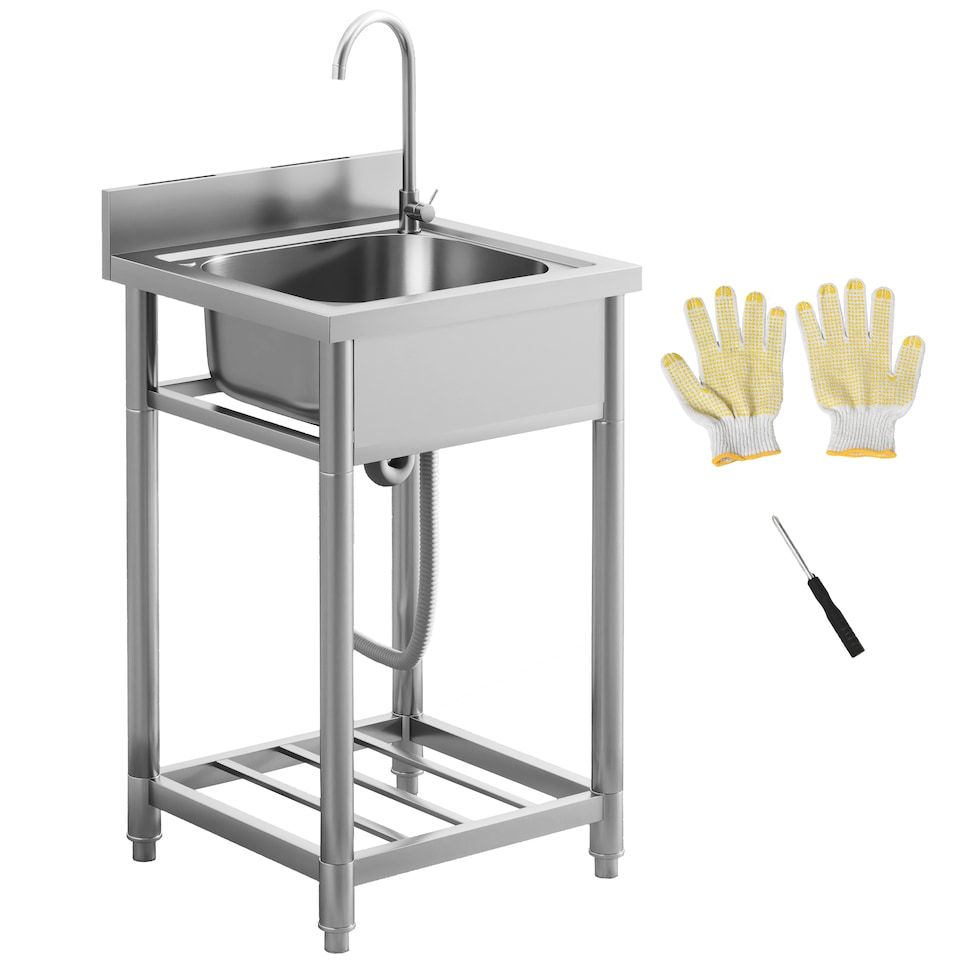 image 1 of HOMCOM Stainless Steel Utility Sink with Cold and Hot Water Pipe Silver Tone