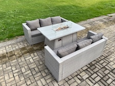 Fimous Outdoor Garden Dining Sets Rattan Furniture Gas Fire Pit Dining Table Gas Heater Light Grey