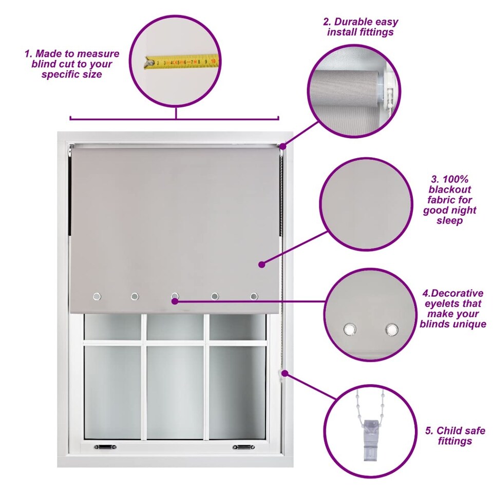 image 1 of FURNISHED Blackout Roller Blinds with Round Eyelets Cut to Size Easy Fit Window Shade | White | White | (W) 240cm x (L) 165cm