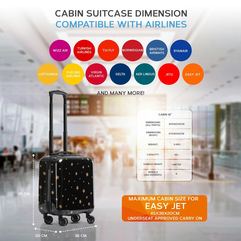 image 1 of Flight Knight Carry On Suitcase - 8 Wheel TSA Lock USB Port - Anti Crack Case Hard Luggage Approved for easyJet, Jet2, BA Black | Black/Gold Stars | Cabin Bag