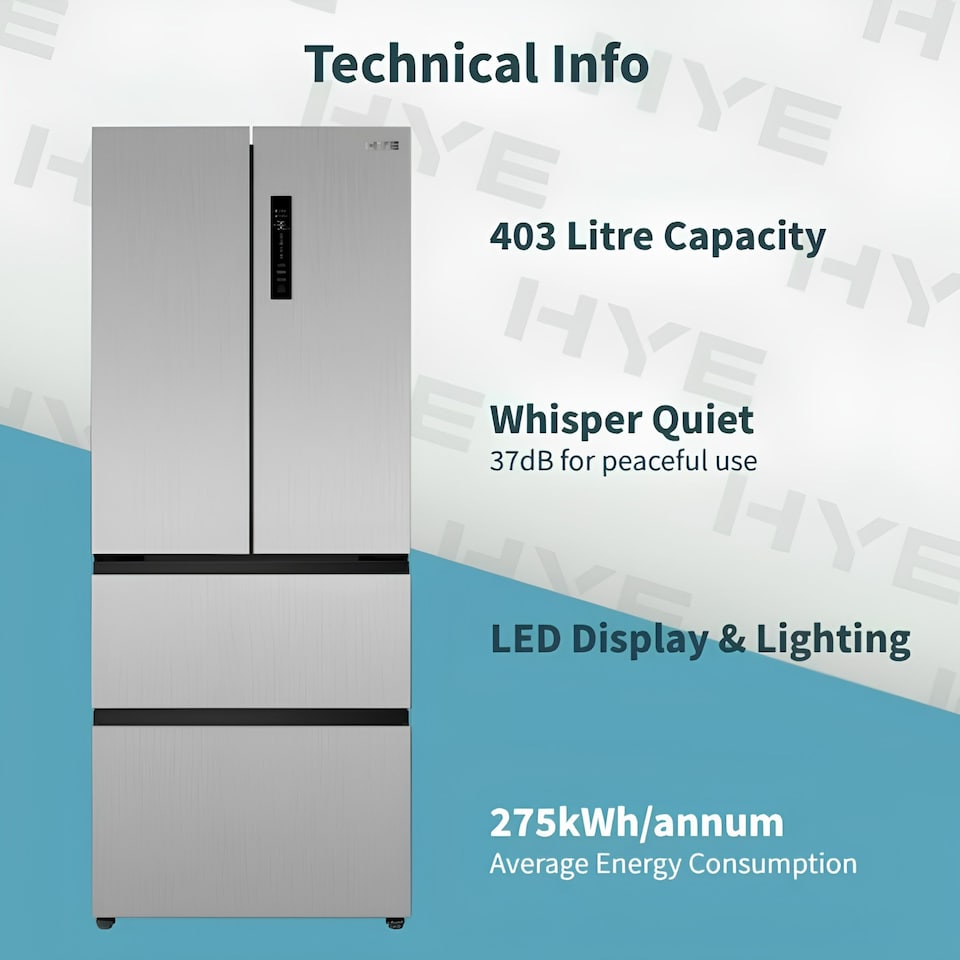 image 1 of HYE 403 Litre Frost Free French Door American Fridge Freezer, 70cm, Silver - RF01AMFD403DS07