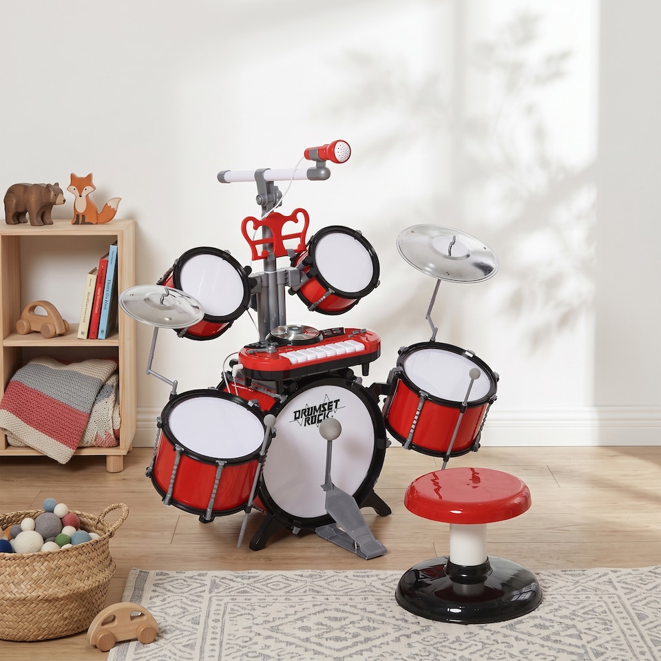 image 1 of HOMCOM Kids Drum Set for Beginners with Stool, Educational Musical Toy, Red