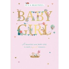 Words 'n' Wishes Traditional Birth Card for a Girl, Welcome Baby Girl Card, Multi-Coloured 23.5 x 16.5 cms