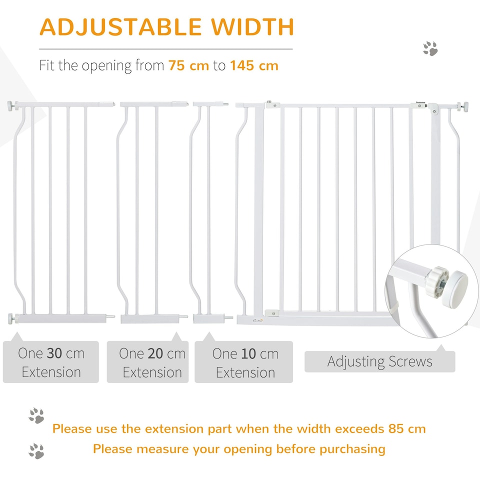 image 1 of PawHut Dog Gate Wide Stair Gate w/ Door Pressure Fit, 75-145W cm, White