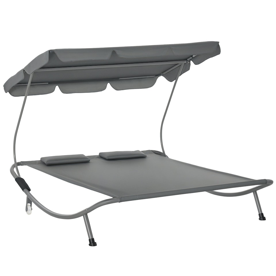 image 1 of Outsunny Double Sun Lounger with Adjustable Detachable Canopy, Portable Garden Daybed for 2 with Wheels, Outdoor Sunbed Hammock with 2 Pillows, 220 KG Max. Load, Grey