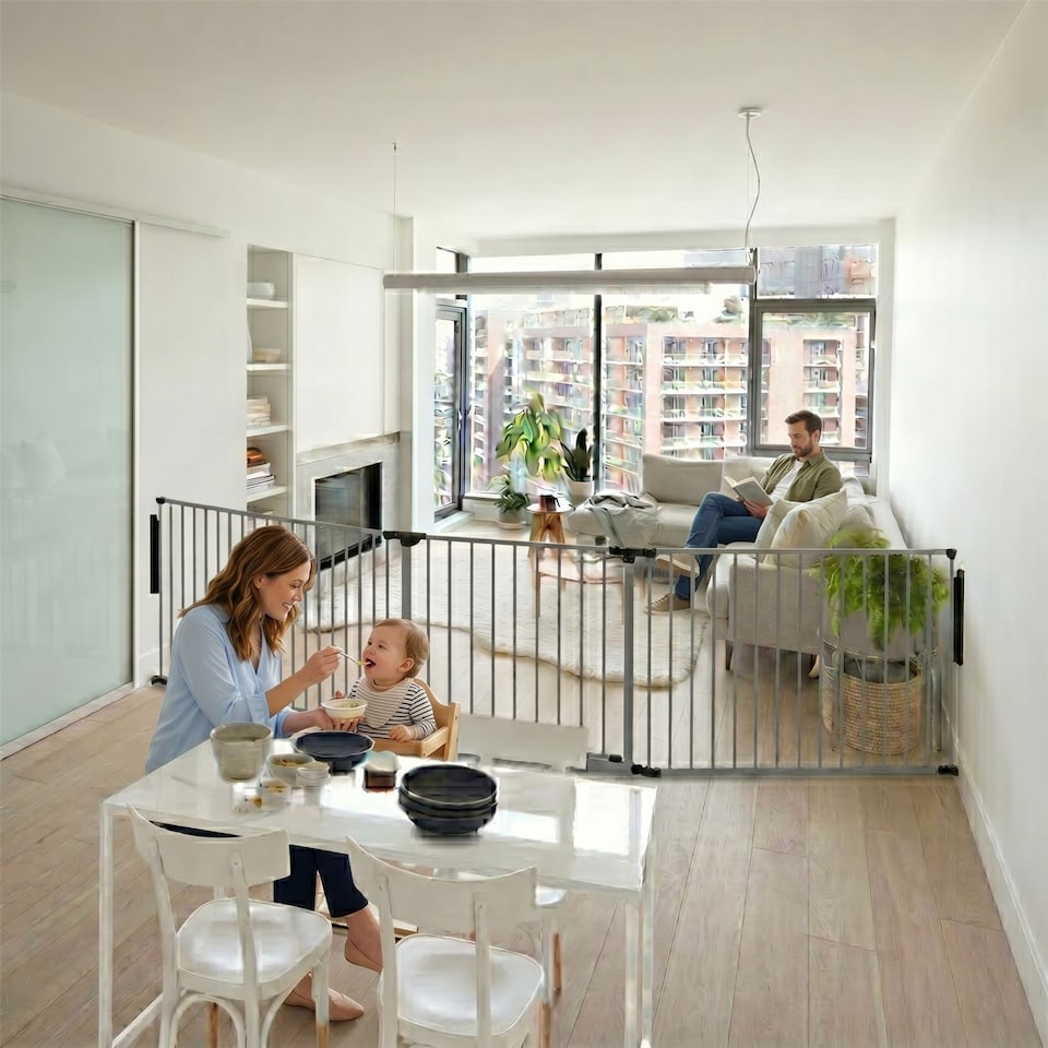 image 1 of Safetots Premium Multi Panel Room Divider, up to 154cm Wide, Grey, 70cm Tall, Flexible Barrier with Door for Baby and Toddler | Grey