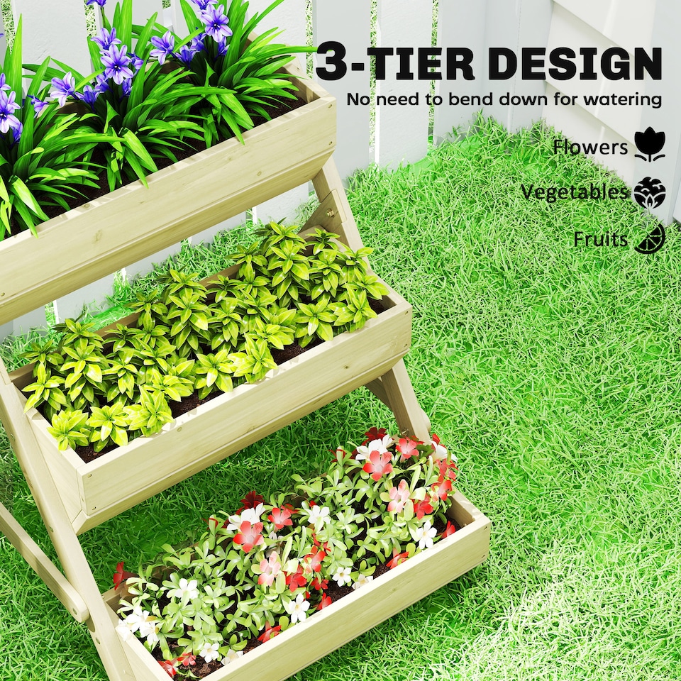 image 1 of Outsunny 3 Tier Raised Garden Bed Wooden Elevated Planter Box Kit, Green | Green | Green