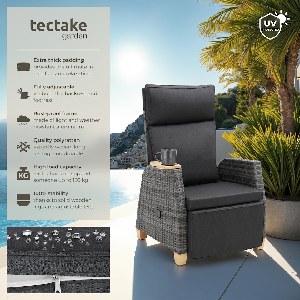 image 1 of Garden Chair Pescara - reclining, adjustable backrest and footrest, thick padding | Grey | grey | 2