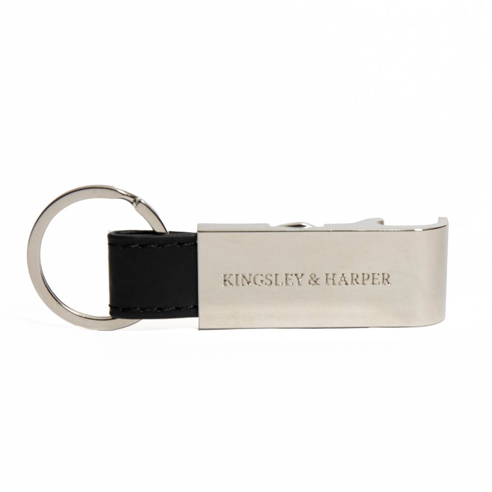 Kingsley & Harper Multi-Tool Keyring with Bottle Opener, Trolley Coin & PVC Leather Strap in Black