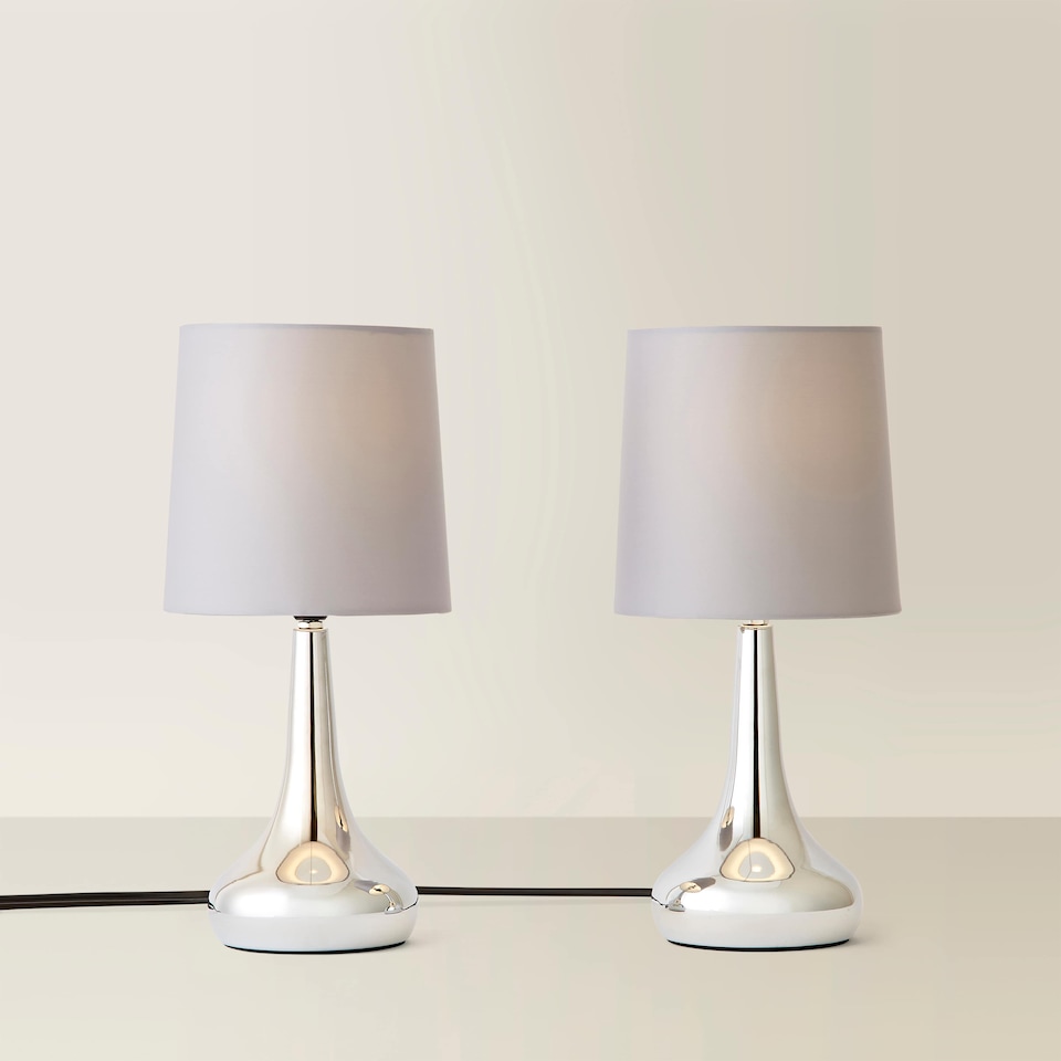 image 1 of ValueLights Teardrop Pair Chrome Touch Table Lamps Grey Shade | Grey