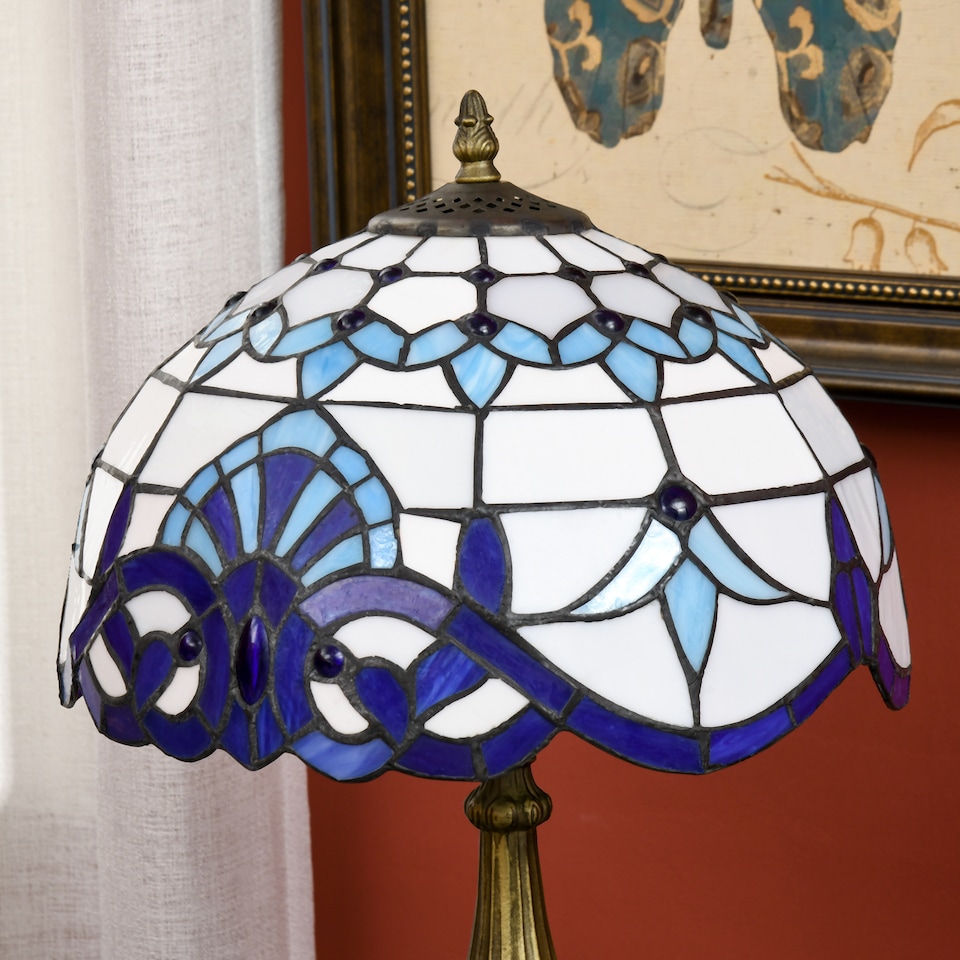 image 1 of HOMCOM Stained Glass Table Lamp, Handmade Antique Bedside Lamp for Bedroom, Living room, Home, Nightstand, Decorative Night Light, Blue