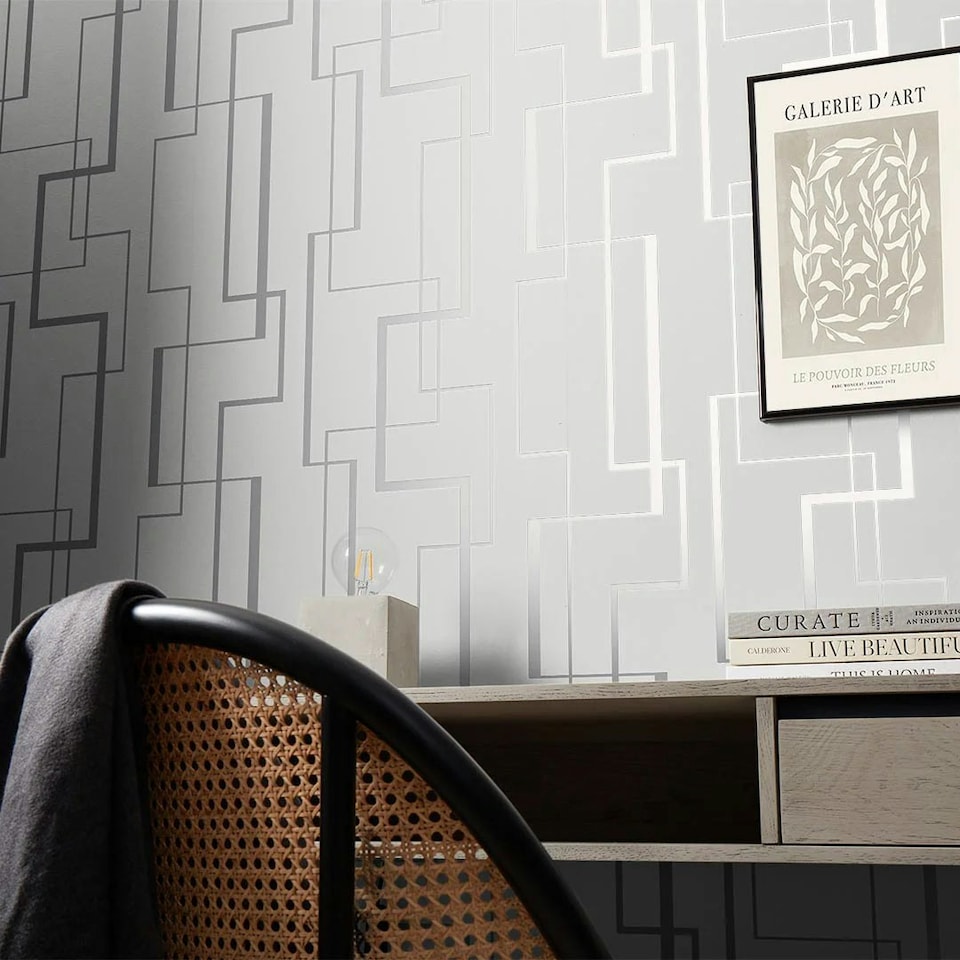 image 1 of Lines Maze Wallpaper in Soft Grey and Silver Multi