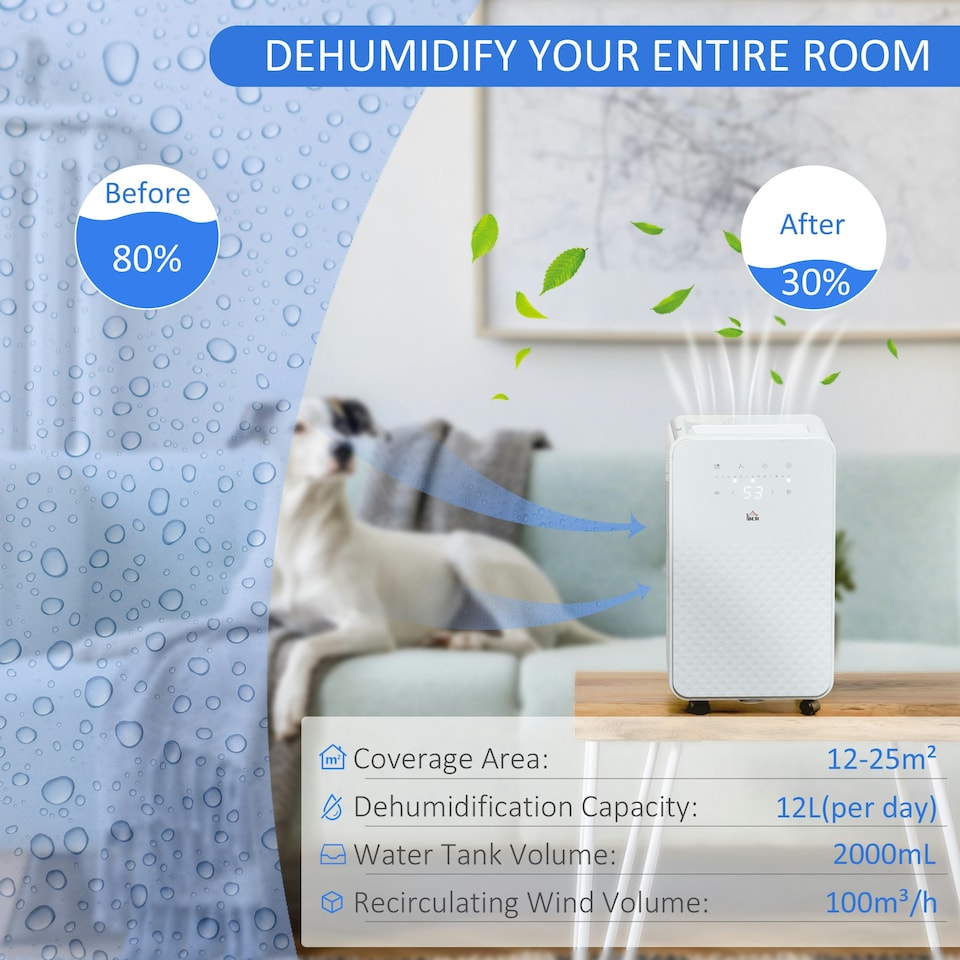 image 1 of HOMCOM 12L/Day Protable Quiet Air Dehumidifier with Purifier, Timer, 5 Modes