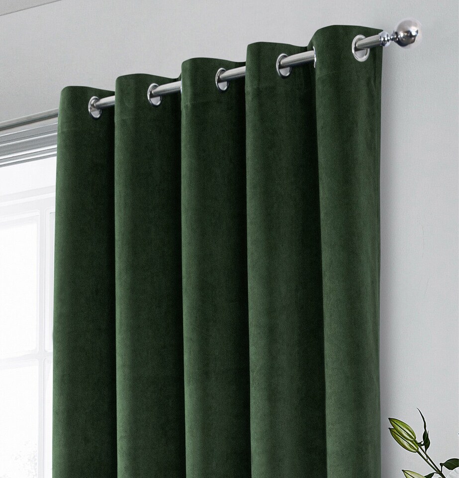 image 1 of Luxury Enhanced Living Green Velvet, Supersoft, Blackout, Thermal Pair of Curtains with Eyelet Top - 66 x 72 inch (168x183cm)