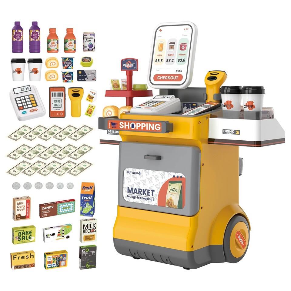 image 1 of 47PCS Grocery Store Cash Register Playset with Scanner Play Food Sound and Light Effects